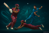 Editorial digital illustration showing male and female cricketers during the West Indies vs India 2025 Test Series trend, representing global sports attention and analytics, Crazedo dark-blue style.