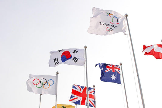 Flags of various countries flying for the 2026 Winter Olympics Milan Cortina.