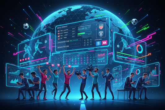 Illustration showing global attention on ongoing World Cup 2026 qualifiers with fans, marketers, content creators, and investors engaged in trending football news.